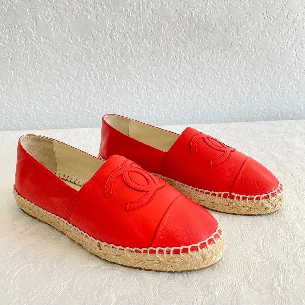CHANEL coral red Lambskin CC Espadrilles